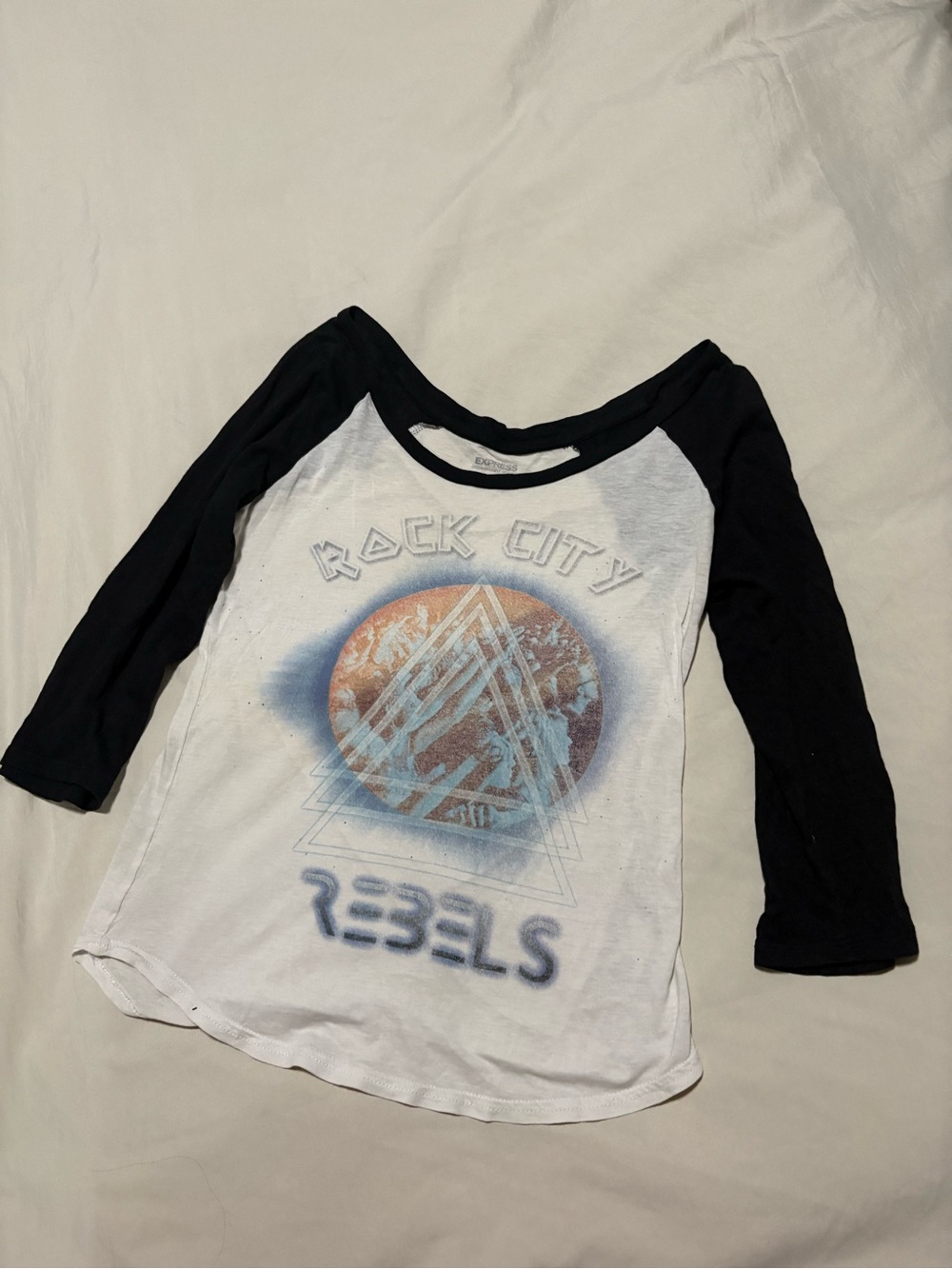 Express Black & White Raglan Graphic Tee - 'Rock City'